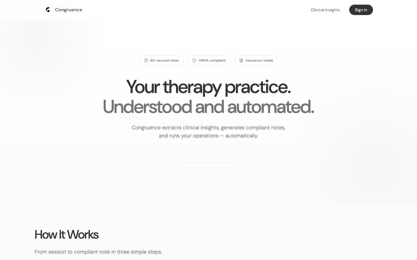 Congruence's public website: “Your therapy practice. Understood and automated.” with badges for 60-second notes, HIPAA compliance and insurance-ready output