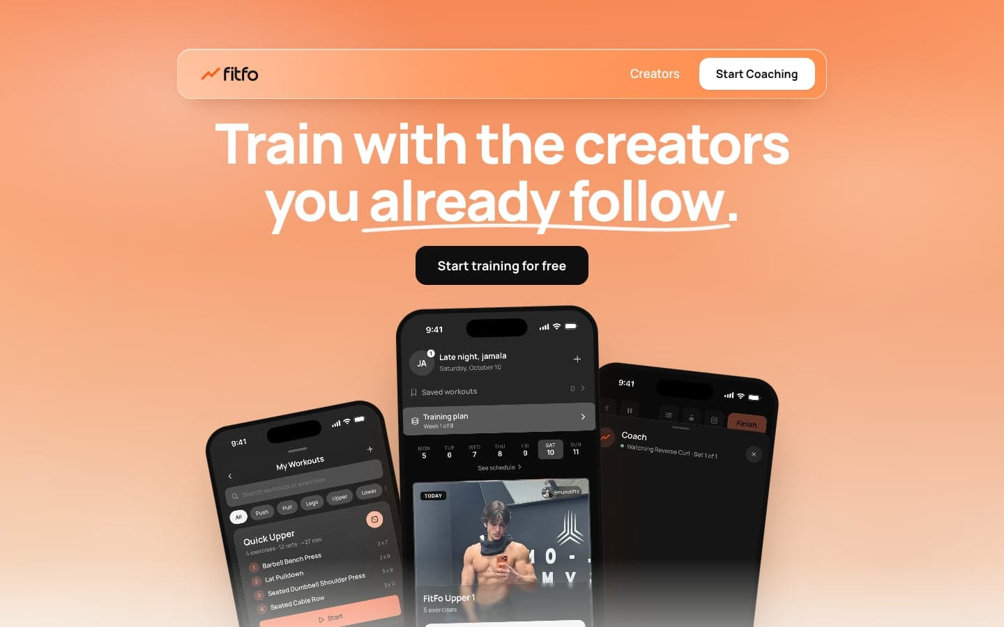 Fitfo's public website: the headline “Train with the creators you already follow” above three phone screens of the app